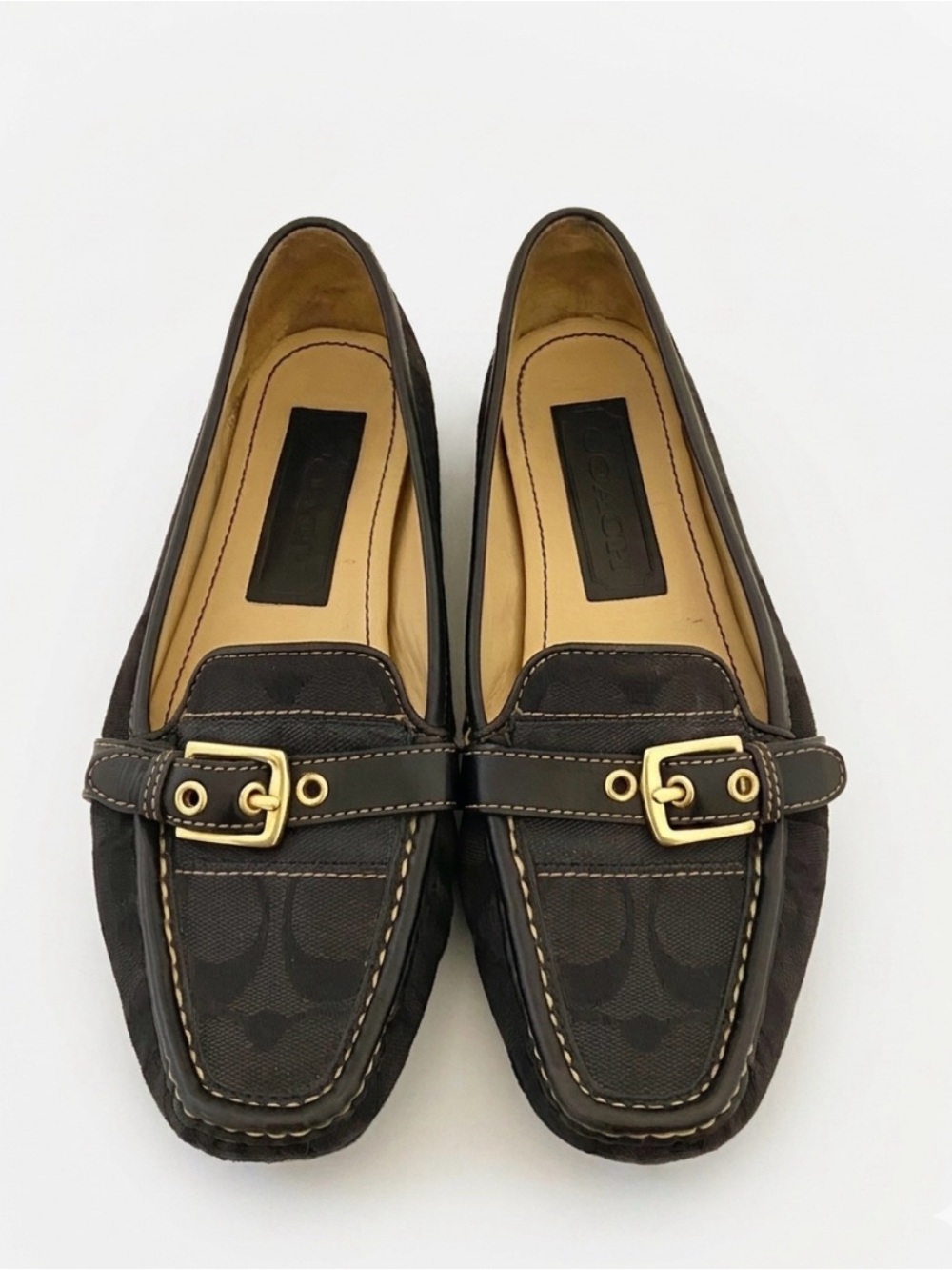 Coach Black Signature Canvas Loafers with Gold Buckle Trim
